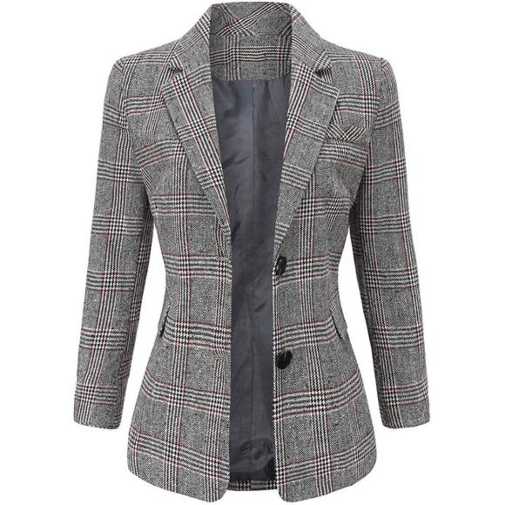 Women's Notch Lapel 2 Button Boyfriend Blazer Suit Houndstooth Plaid Jacket Coat